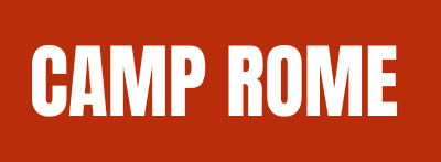 White text "CAMP ROME" on a solid red background.